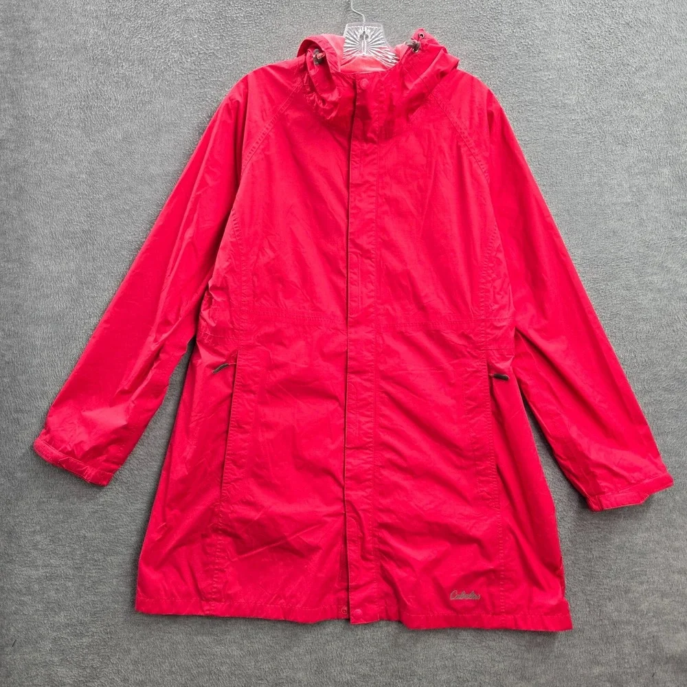 Cabelas Men Jacket Large Red Hooded Rain Coat Pockets Full Zip‎